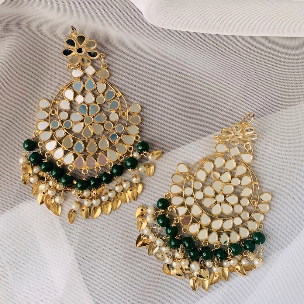 Jewelry Set Earrings Tika Headpiece Indian Bollywood Mirror Work Kundan Bead - Picture 6 of 8